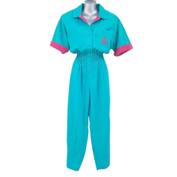 Vintage Pants - VTG 80s Joan Walters Green Pink Short Sleeve Jumpsuit Size M Coveralls One Piece
